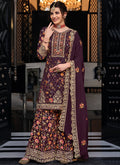 Wine Multi Embroidered Indian Palazzo Suit