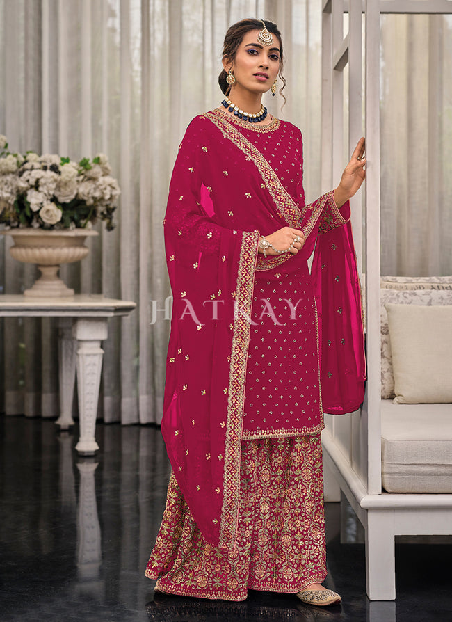 Hot Pink Multi Embroidered Traditional Gharara Suit