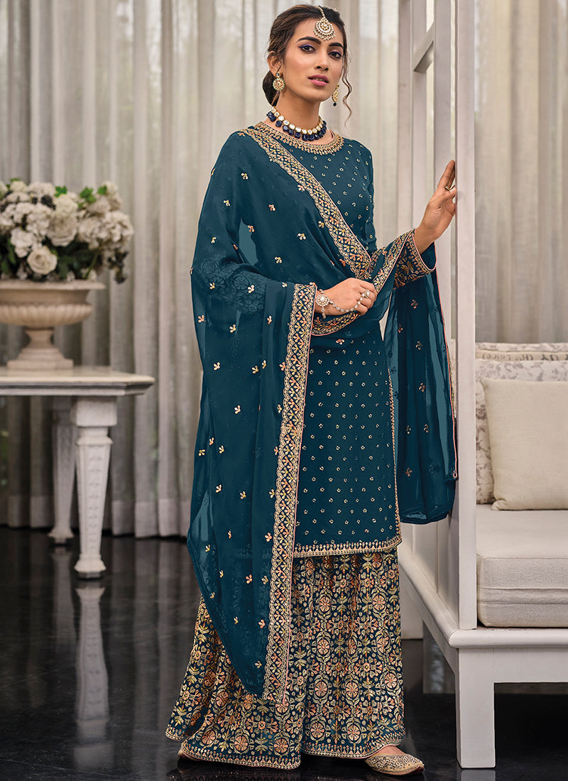 Turquoise Green Multi Embroidered Traditional Gharara  Suit