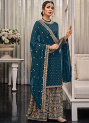Turquoise Green Multi Embroidered Traditional Gharara  Suit