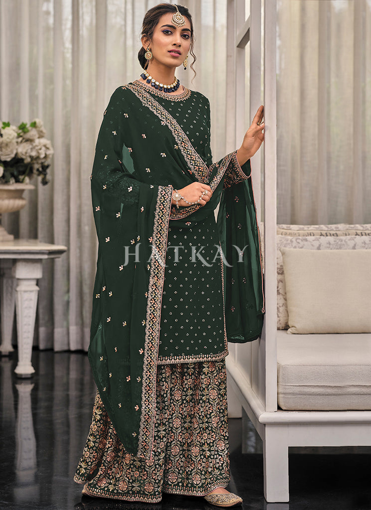 Dark Green Multi Embroidered Traditional Gharara Suit