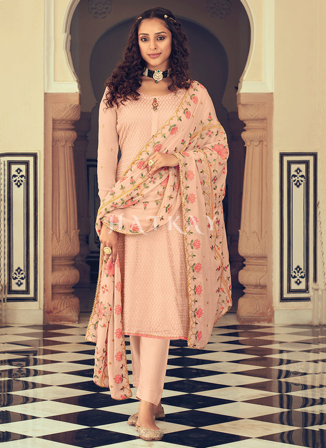 Soft Peach Floral Embroidered Salwar Suit