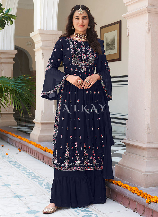 Navy Blue Multi Embroidered Traditional Gharara Suit
