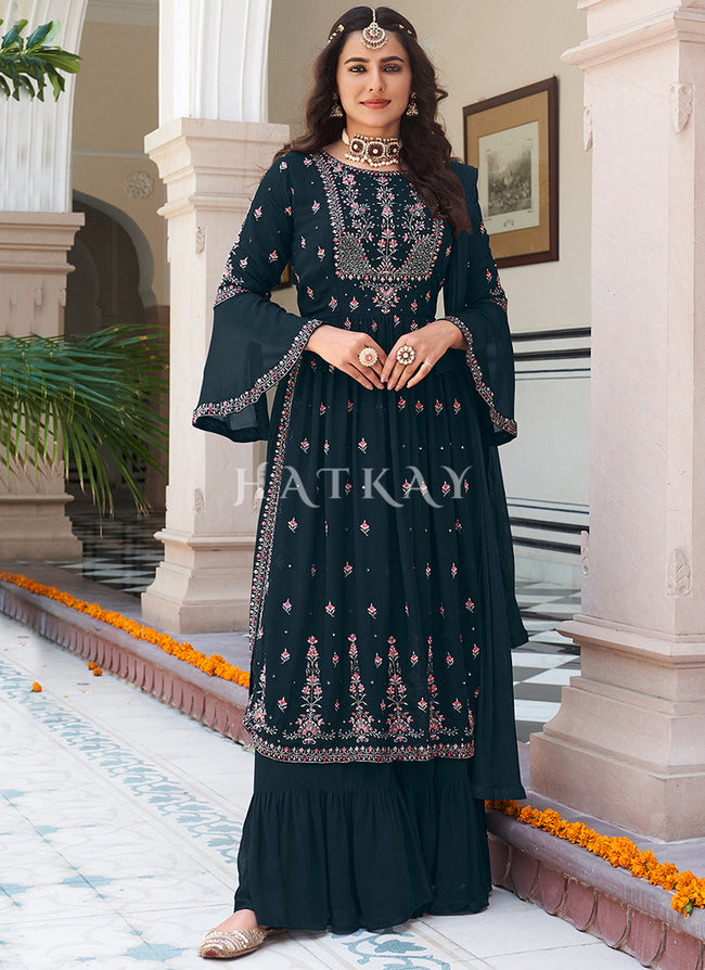Turquoise Multi Embroidered Traditional Gharara Suit