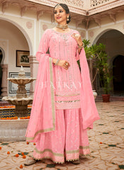 Pink Mirror Work Embroidered Wedding Gharara Suit