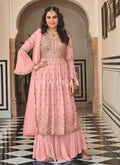 Peach Embroidered Georgette Festive Palazzo Suit