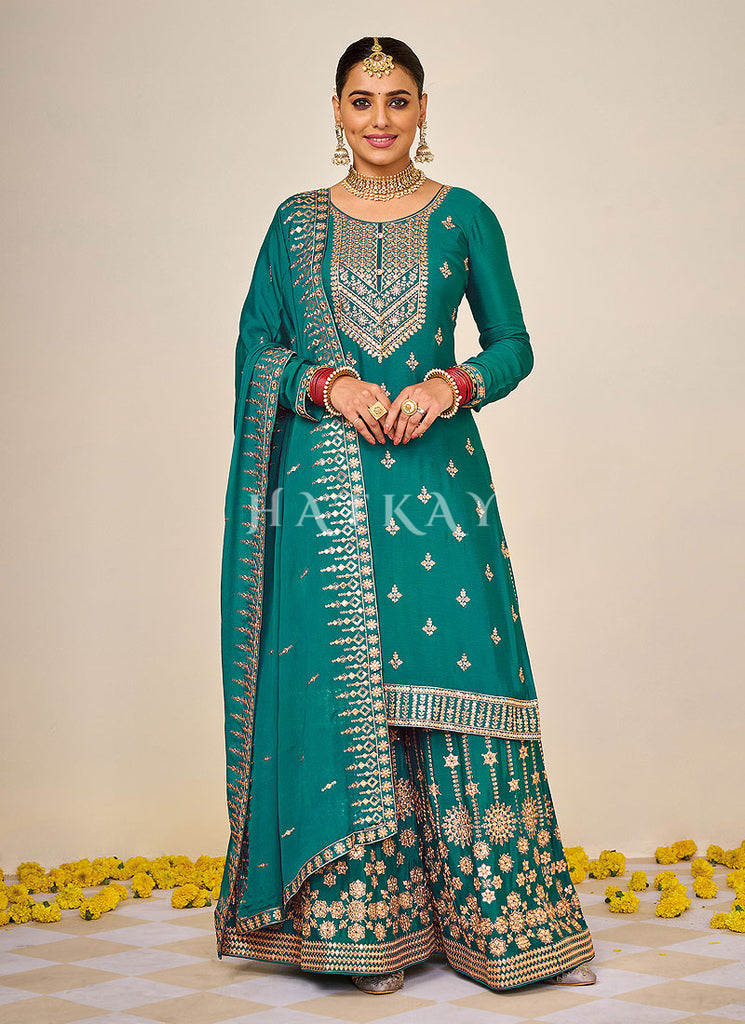 Rama Green Embroidered Traditional Gharara Suit