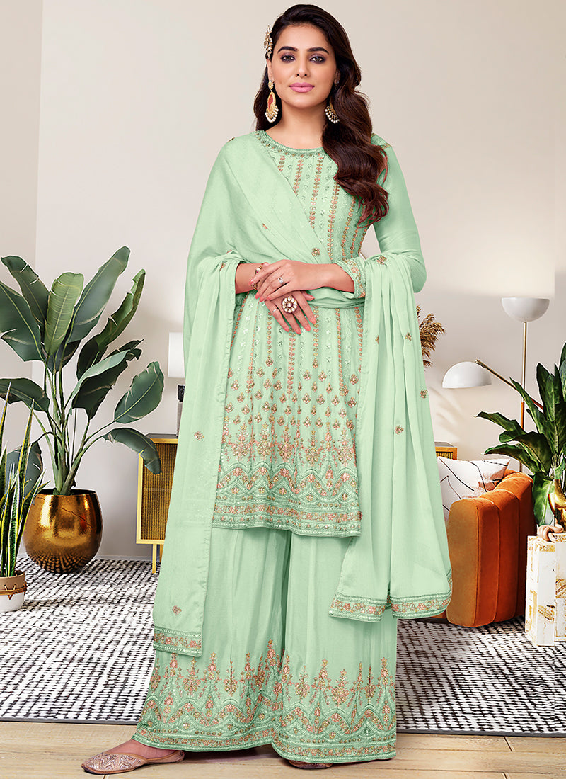 Pista Green Multi Embroidery Traditional Festive Gharara Suit