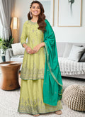 Eid Outfits - Lime Green Multi Embroidery Traditional Gharara Suit