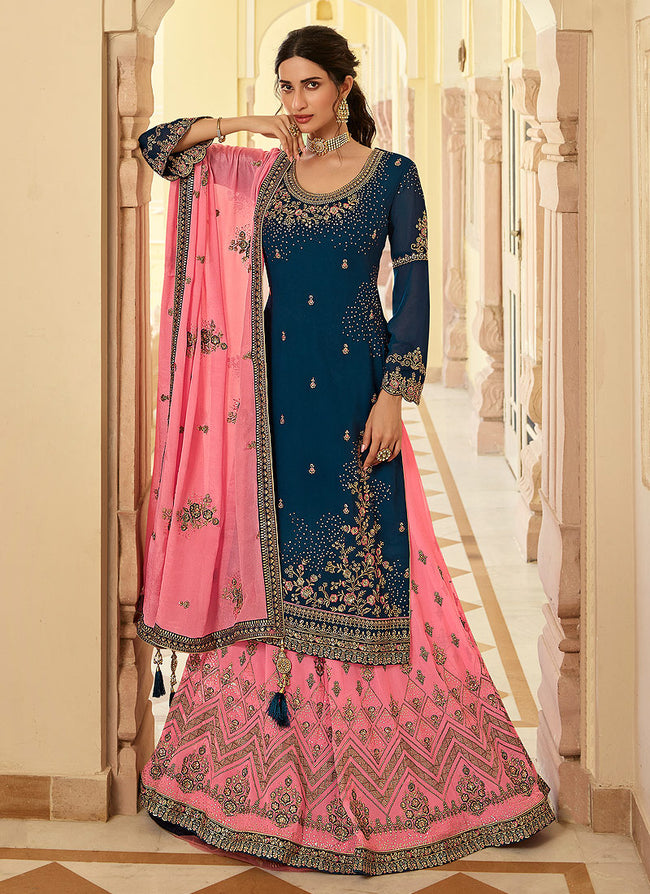 Blue And Pink Multi Embroidered Lehenga Suit In UK