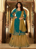 Turquoise And Yellow Multi Embroidered Lehenga Suit