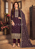 Deep Wine Golden Embroidered Traditional Pant Suit
