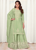 Green Designer Embroidery Festive Palazzo Suit