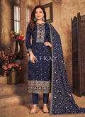 Navy Blue Golden Embroidered Traditional Pant Suit