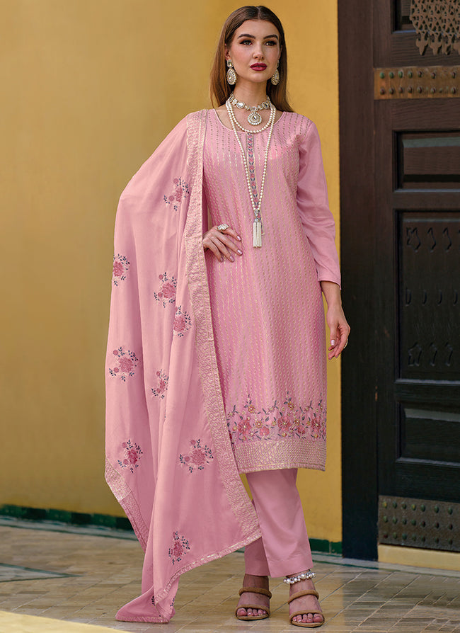 Pink Multi Embroidery Pakistani Pant Style Suit