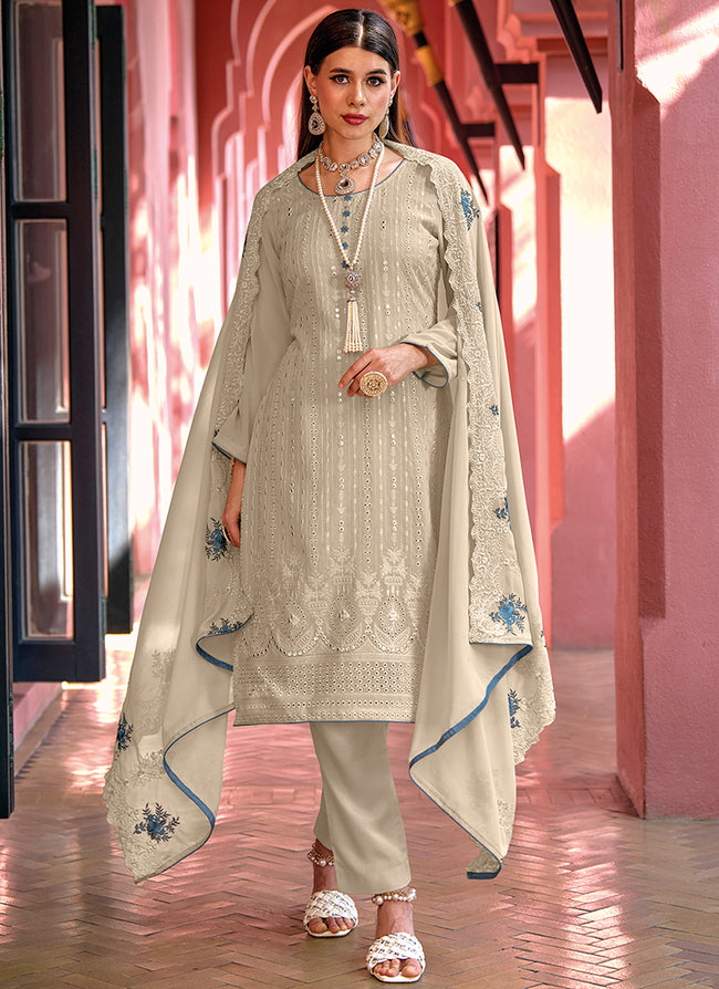 Grey Multi Embroidery Pakistani Pant Style Suit