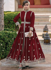 Deep Red Sequence Embroidery Slit Style Festive Anarkali Pant Suit