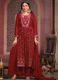 Deep Red Multi Embroidered Traditional High Slit Palazzo Suit
