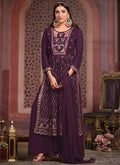 Deep Purple Multi Embroidered Traditional High Slit Palazzo Suit
