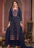 Dark Blue Multi Embroidered Traditional High Slit Palazzo Suit