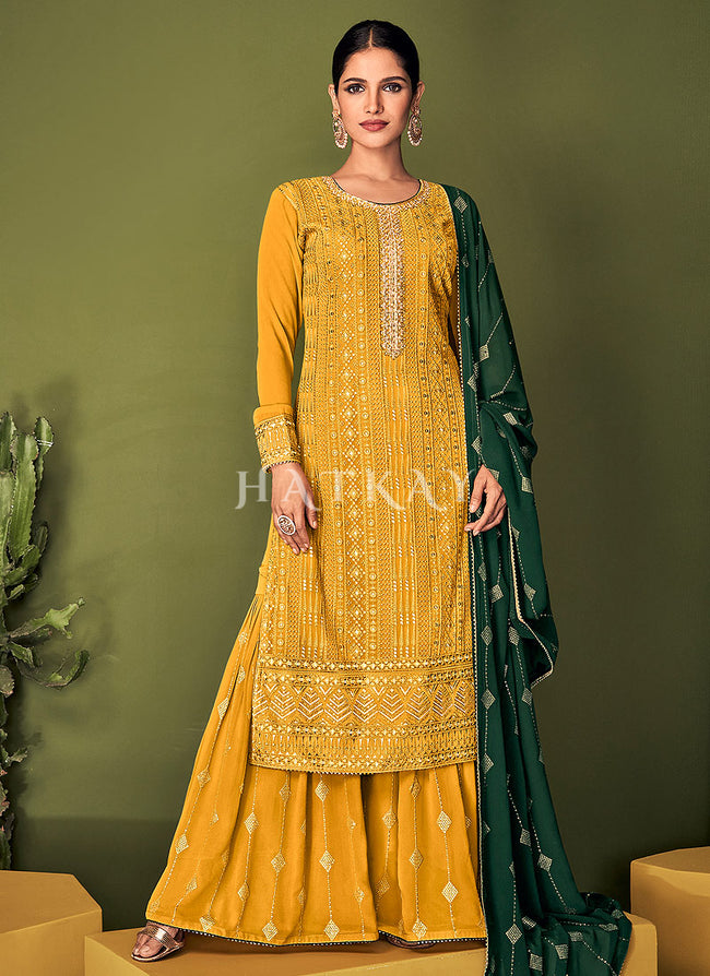 Yellow Sequence Embroidered Sharara Style Suit