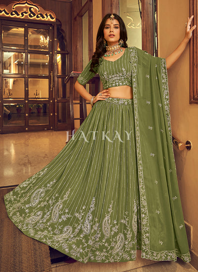 Pastel Green Zari And Sequence Georgette Embroidered Lehenga Choli