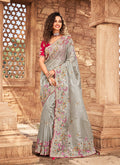 Grey And Pink Multi Embroidered Partywear Saree