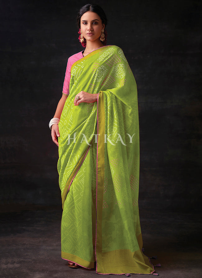 Pink And Lime Green Embroidered Festive Saree