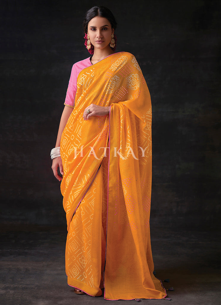 Orange And Pink Embroidered Festive Saree