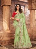 Green And Red Multi Embroidered Partywear Saree