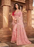 Peach And Pink Multi Embroidered Partywear Saree