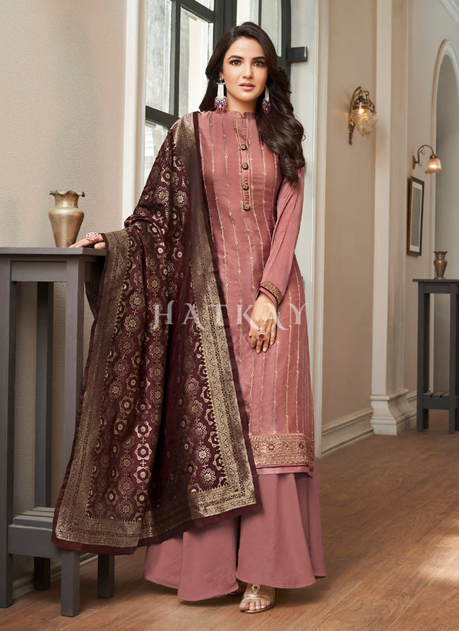 Mauve Purple Embroidered Traditional Palazzo Suit 