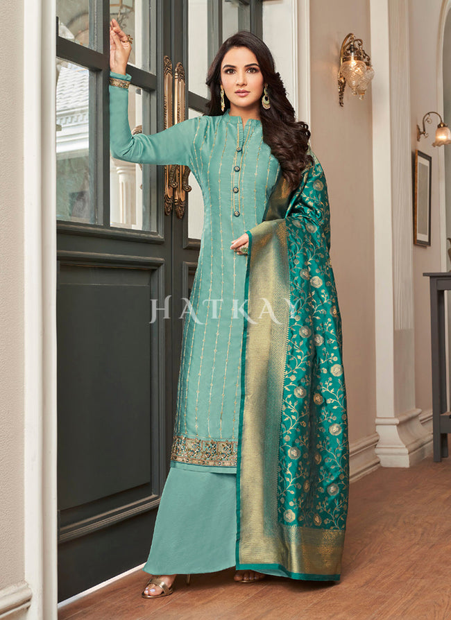 Aqua Blue Embroidered Traditional Palazzo Suit