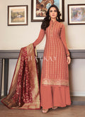 Pastel Orange Embroidered Traditional Palazzo Suit