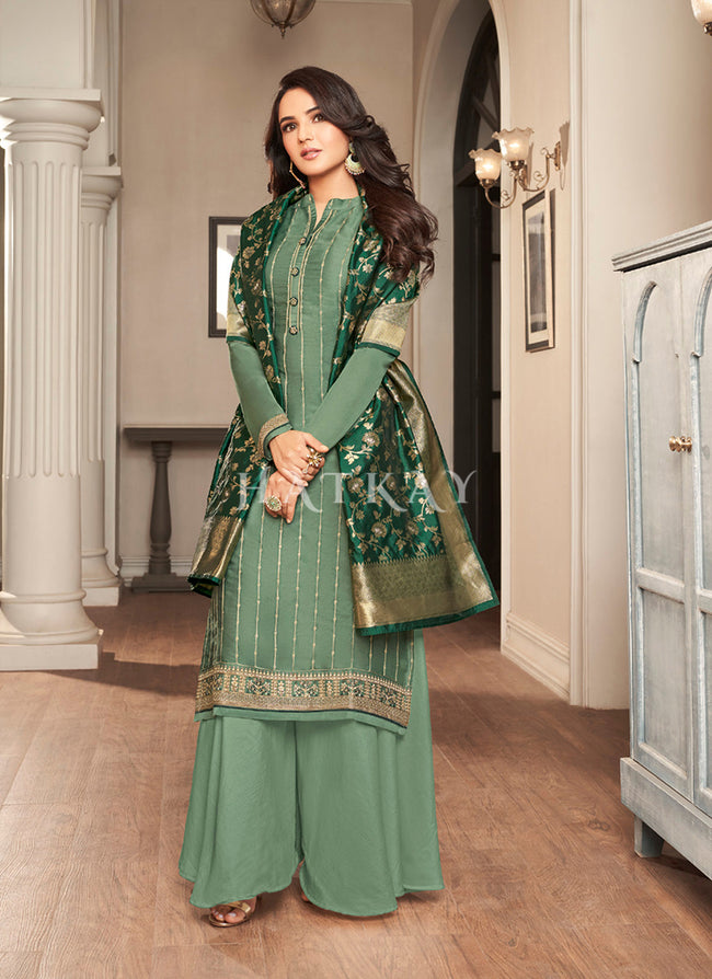 Green Heavy Designer Work Festive Special Gharara Style Suit - Indian Heavy  Anarkali Lehenga Gowns Sharara Sarees Pakistani Dresses in  USA/UK/Canada/UAE - IndiaBoulevard