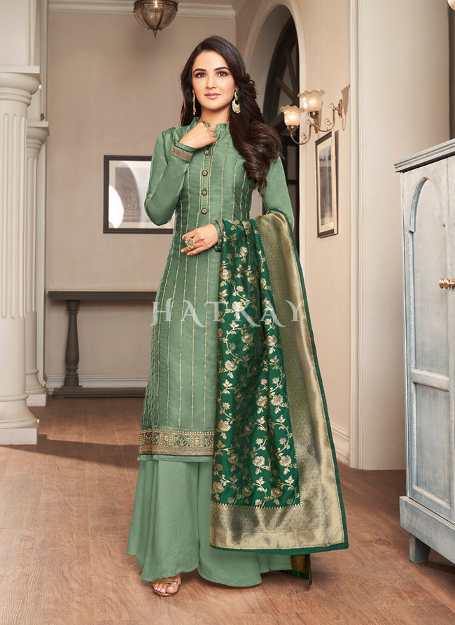 Sea Green Printed Indian Gown With Embroidery Express 156GW06