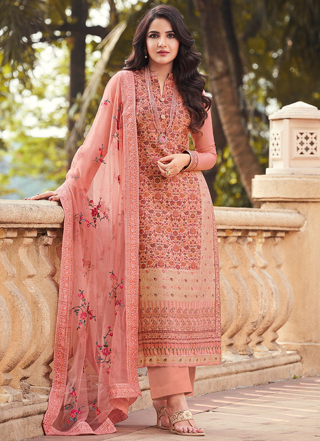 Banarasi Silk Woven Pant Style Suit In Peach Colour - SM5410966