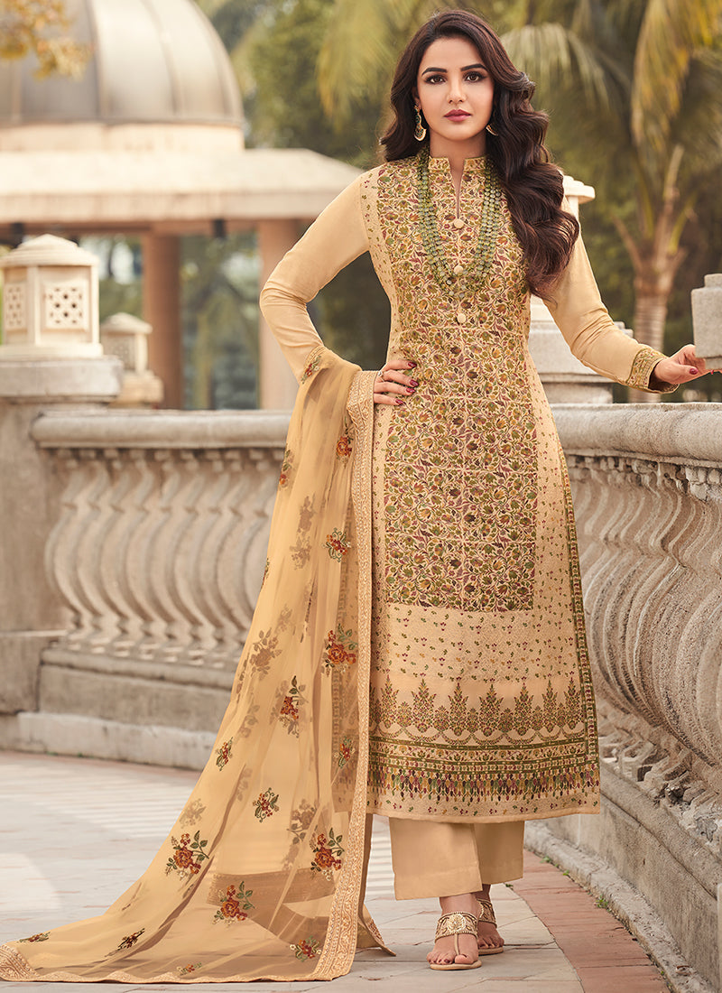 Beige Golden Embroidery Pakistani Pant Style Suit