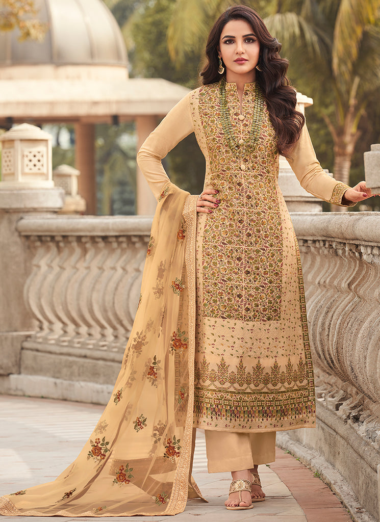 Beige Golden Embroidery Pakistani Pant Style Suit