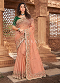 Orange And Green Multi Embroidered Partywear Saree