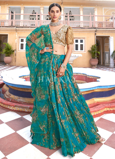Aqua Blue And Beige Embroidered Festive Lehenga Choli