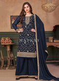 Navy Blue Embroidered Georgette Palazzo Suit