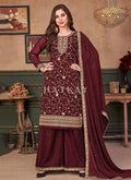 Deep Red Embroidered Georgette Palazzo Suit