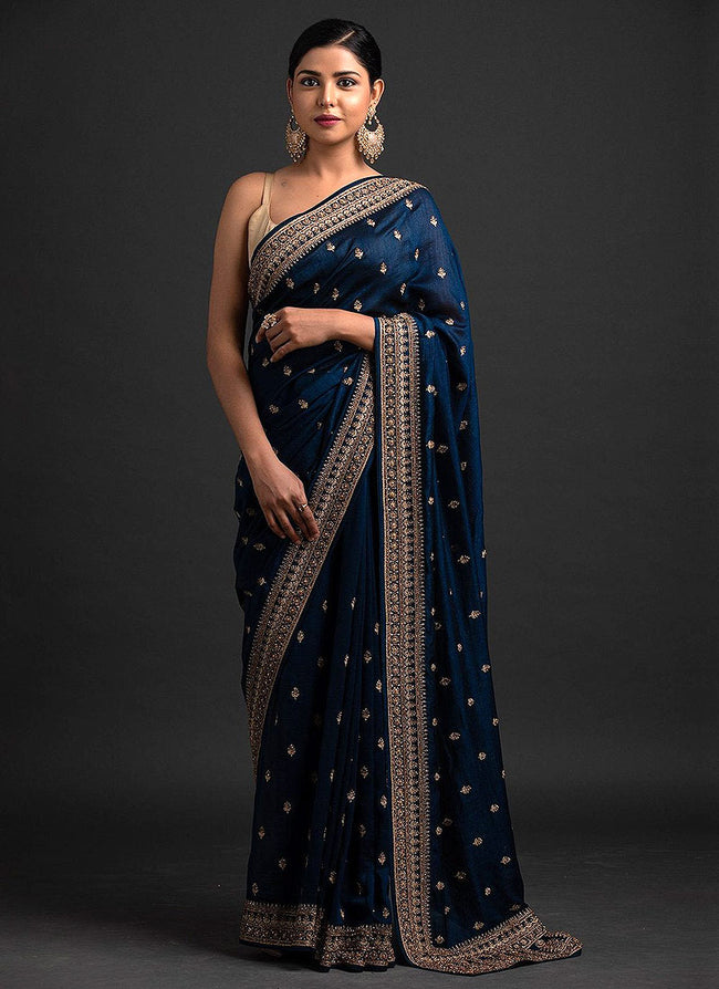 Blue And Golden Sequence Embroidered Saree