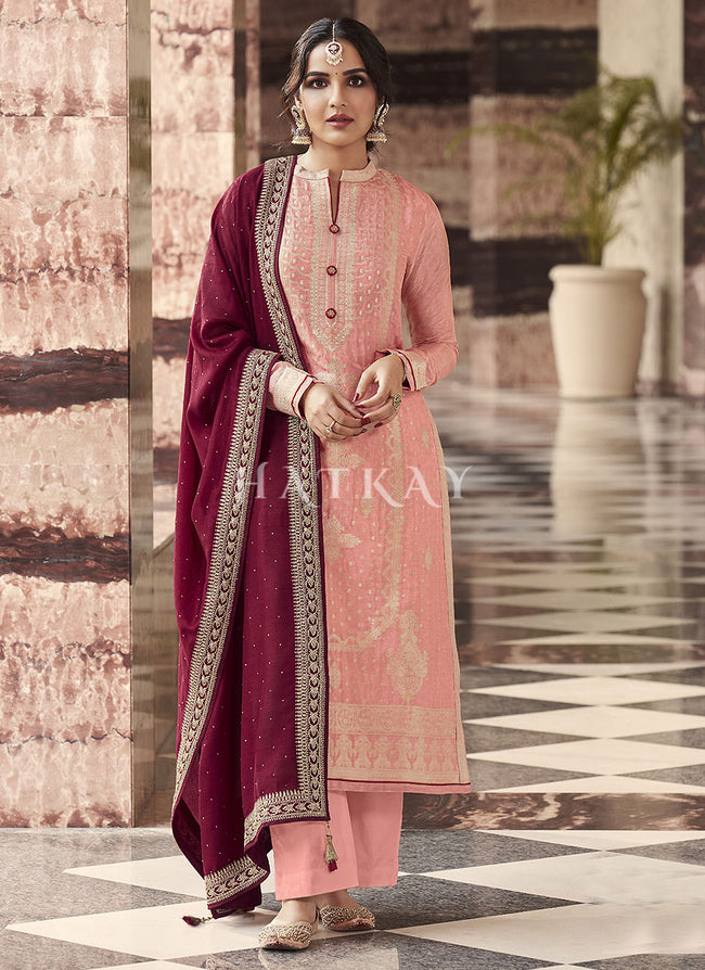 Heenastyle - Dark Peach Color Satin Georgette Party Wear Palazzo Salwar Suit  -pf76556265 Sale Special Price $38 USD  https://www.heenastyle.com/plus-size-eid-party-wear-palazzo-dress-collection-2020-pf76556265  | Facebook