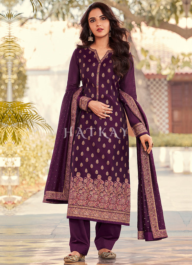 Purple Color Bollywood Style Straight Salwar Kameez Stitched Trouser Pant  Suits | eBay