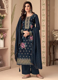 Navy Blue Embroidery Printed Jacquard Silk Pant Suit