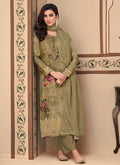 Olive Green Embroidery Printed Jacquard Silk Pant Suit