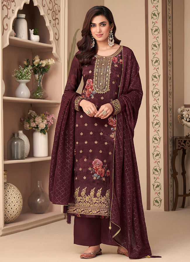 Maroon Embroidery Printed Jacquard Silk Pant Suit