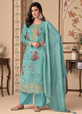 Aqua Blue Embroidery Printed Jacquard Silk Pant Suit